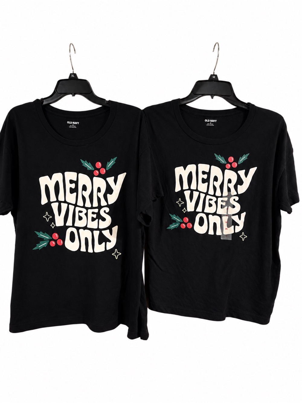 Set of 2 Old Navy "Merry Vibes Only" Black Graphic Tees, NWT